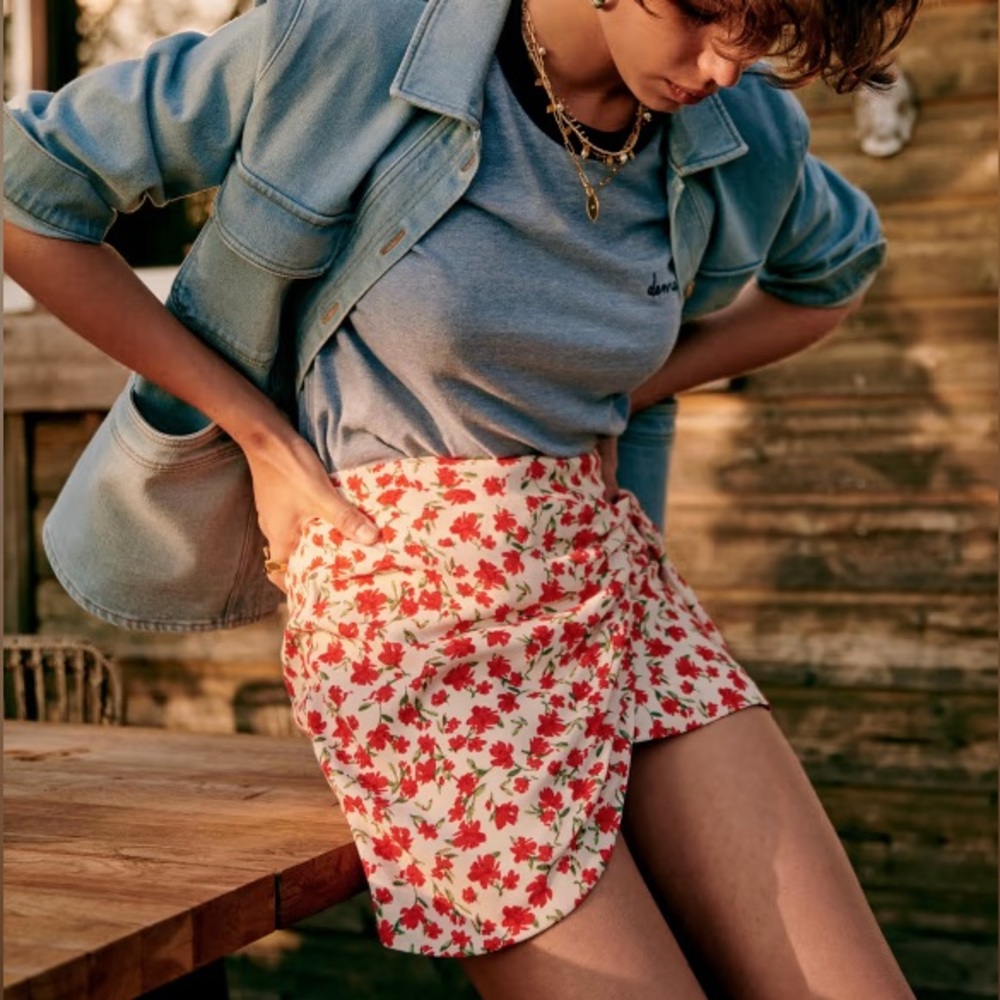 Sezane Pacome Skirt in Red Coral Flowers FR40